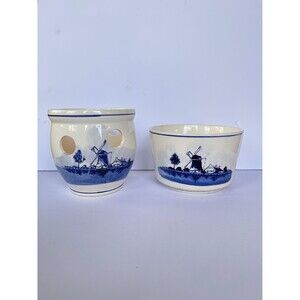 Vintage Delft Style Blue and White Planter Set